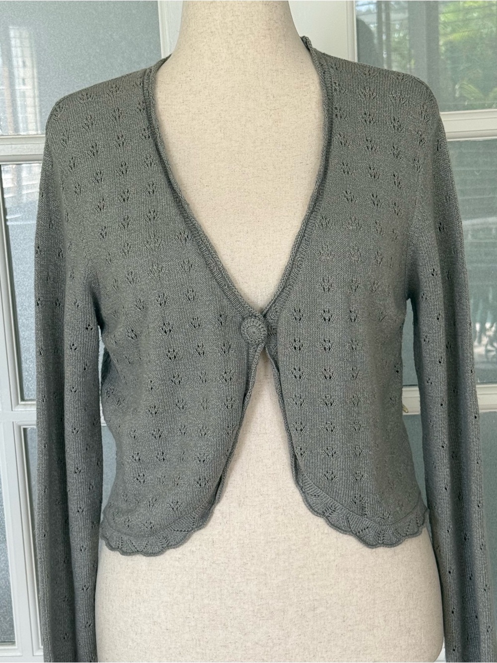 Route 66 Gray Pointelle Knit Cropped Cardigan Sweater Large Cottagecore